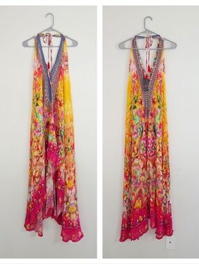 Beaded Viscose Silk Maxi Resort Kaftan Dress Floral One Size